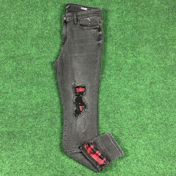 Judy Blue Denim - Judy Blue Jeans Skinny‎ Fit Womens 15/32 Mid Rise Black Denim Red Plaid Patch